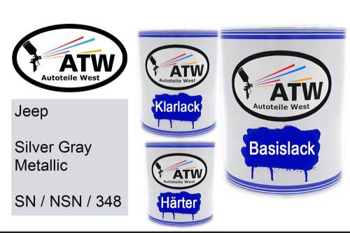 Jeep, Silver Gray Metallic, SN / NSN / 348: 1L Lackdose + 1L Klarlack + 500ml Härter - Set, von ATW Autoteile West.